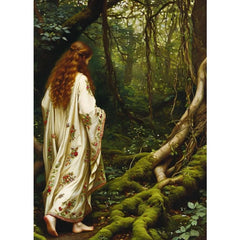 Woodland A1 decoupage paper featuring a Pre-Raphaelite lady with auburn hair entering an enchanted woodland