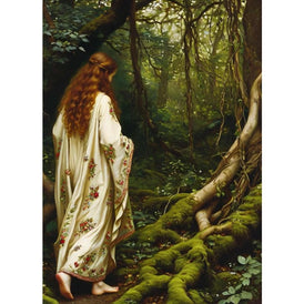 Woodland A1 decoupage paper featuring a Pre-Raphaelite lady with auburn hair entering an enchanted woodland