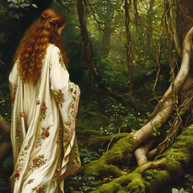 Close-up of the auburn-haired lady and embroidered jewelled robe on Woodland decoupage paper