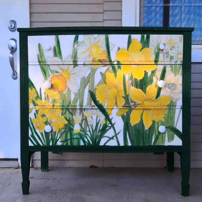 Upcycled chest of drawers decorated with Yellow Flowers daffodil decoupage paper