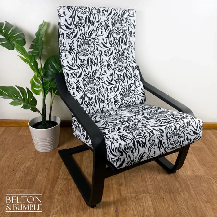 Statement accent chair, vintage rocking chair in tiger print upholstery by Belton & Bumble, UK