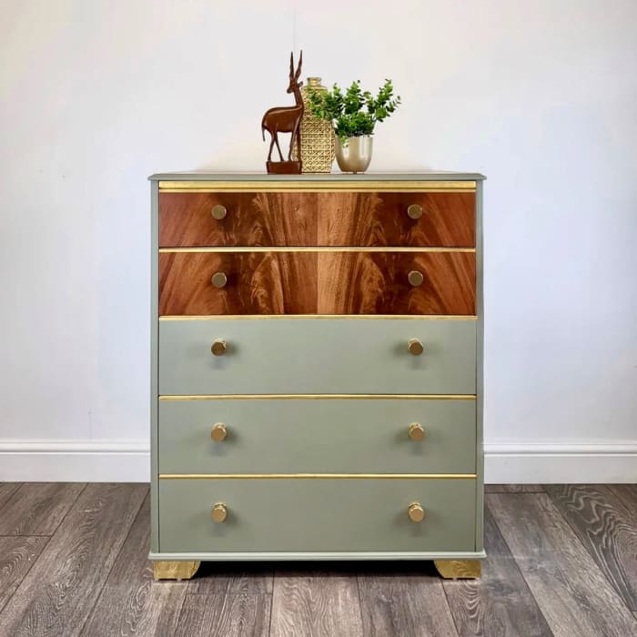 Upcycled Beithcraft Chest of Drawers | Sage Green & Gold