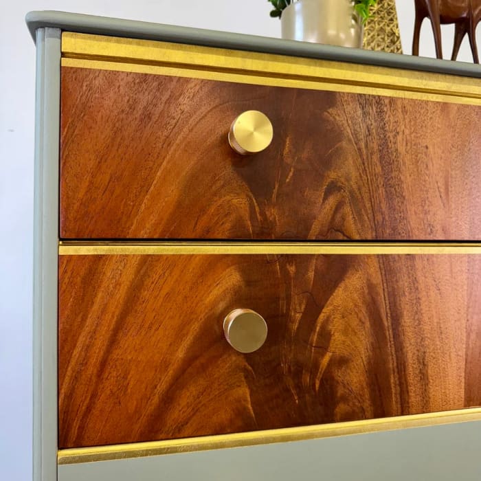 Upcycled Beithcraft Chest of Drawers | Sage Green & Gold