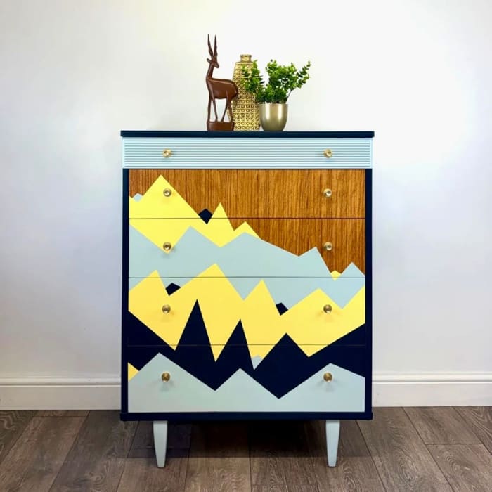Upcycled Mid-Century Mountain-Scape Chest of Drawers