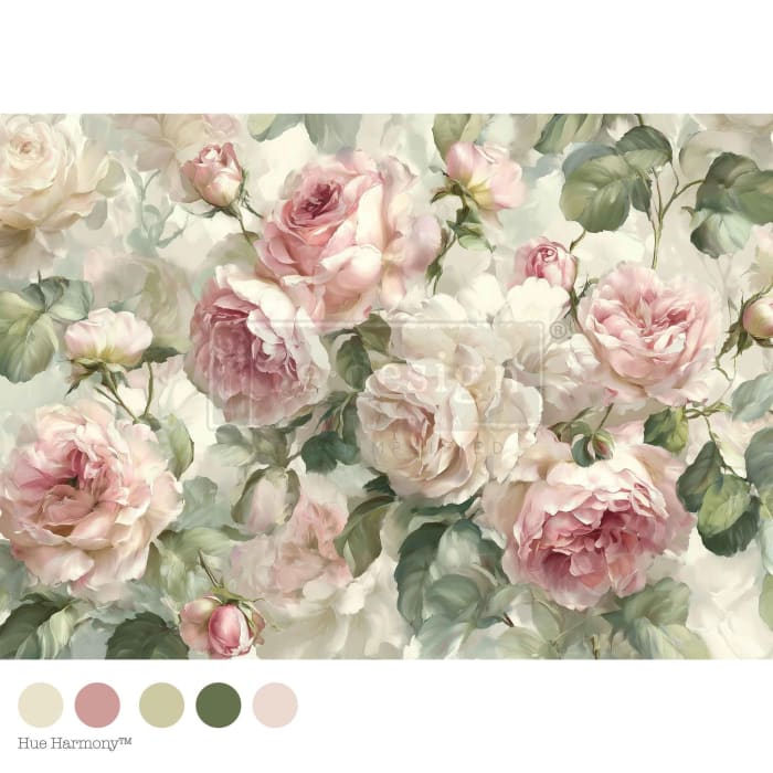 Velvet Bloom A1 decoupage fibre paper by Redesign with Prima featuring soft blush rose floral design for furniture upcycling and shabby chic décor