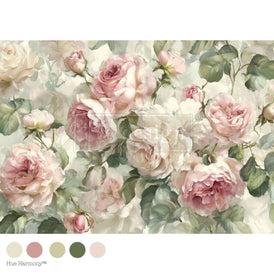 Velvet Bloom A1 decoupage fibre paper by Redesign with Prima featuring soft blush rose floral design for furniture upcycling and shabby chic décor