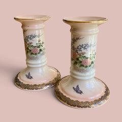 Vintage St Michael Japanese Oriental Blossom Candlestick Holders Pair